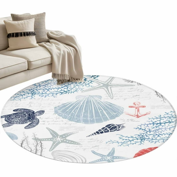 Blue Red Coastal Nautical Round Area Rug 3 FT, Small Kitchen Bathroom Mat, Beach Sea Turtle Ocean Coral Starfish Washable Indoor Outdoor Throw Runner Carpet Doormat for Table Shower Sofa Entryway