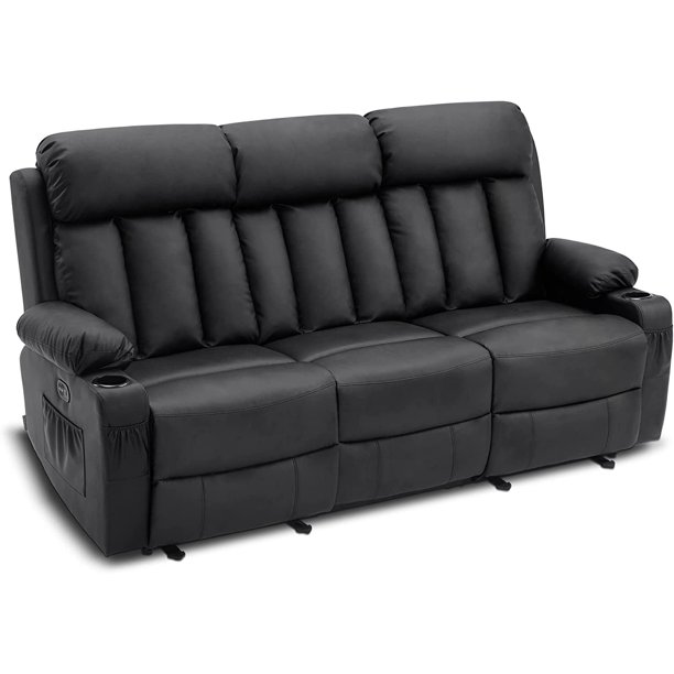 Power Reclining Sofa w/ Massage for Living Rooom Dark Grey Faux