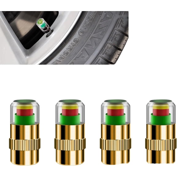 4PCS Automotive Pressure Monitor Valve Caps, Car Tire Pressure Monitor Valve Cap with Sensor Indicators, Tire Pressure Gauge Valve Cap for Car, SUV, Motorcycle, Bicycle (Gold-Standard Edition)