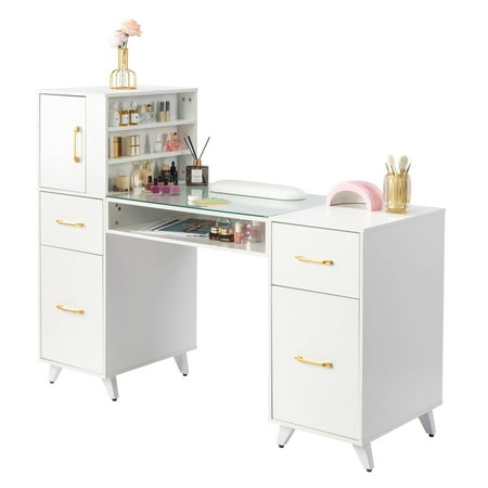 Zimtown 55 L*19 W*44 H Makeup Nail Desk Modern Salon Manicure Table for Nail Tech Glass Top White