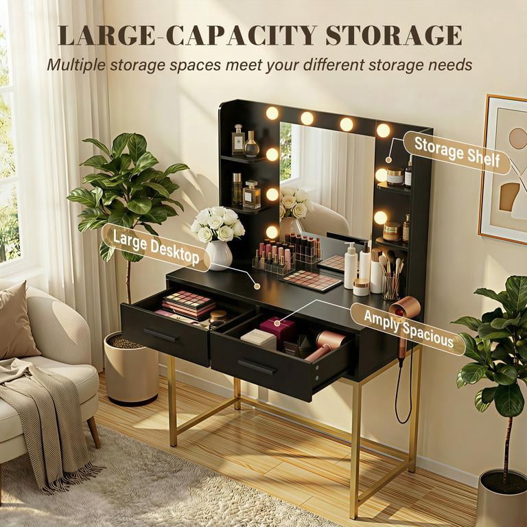 Lacoo Makeup Vanity with LED Lights & Charging Station, Vanity Set with 4 Shelves & 2 Storage Drawers, Vanity Table for Bedroom, Black