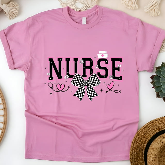 Nurse Graphic T-Shirt | Black Pink Varsity Lettering with Checkered Bow Tee, Azalea, Size 2XL