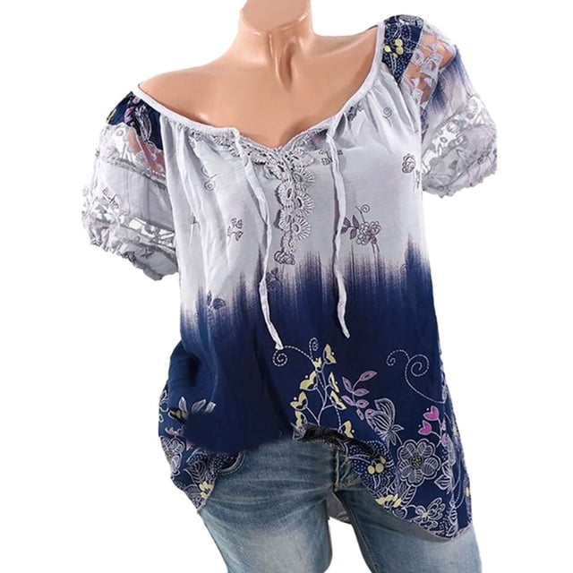 Hauts pour Femmes Été Femmes Manches Courtes Col en V Dentelle Imprimée Hauts en Dentelle T-Shirt Ample Blouse Hauts Blouses en Polyester pour Femmes en Liquidation