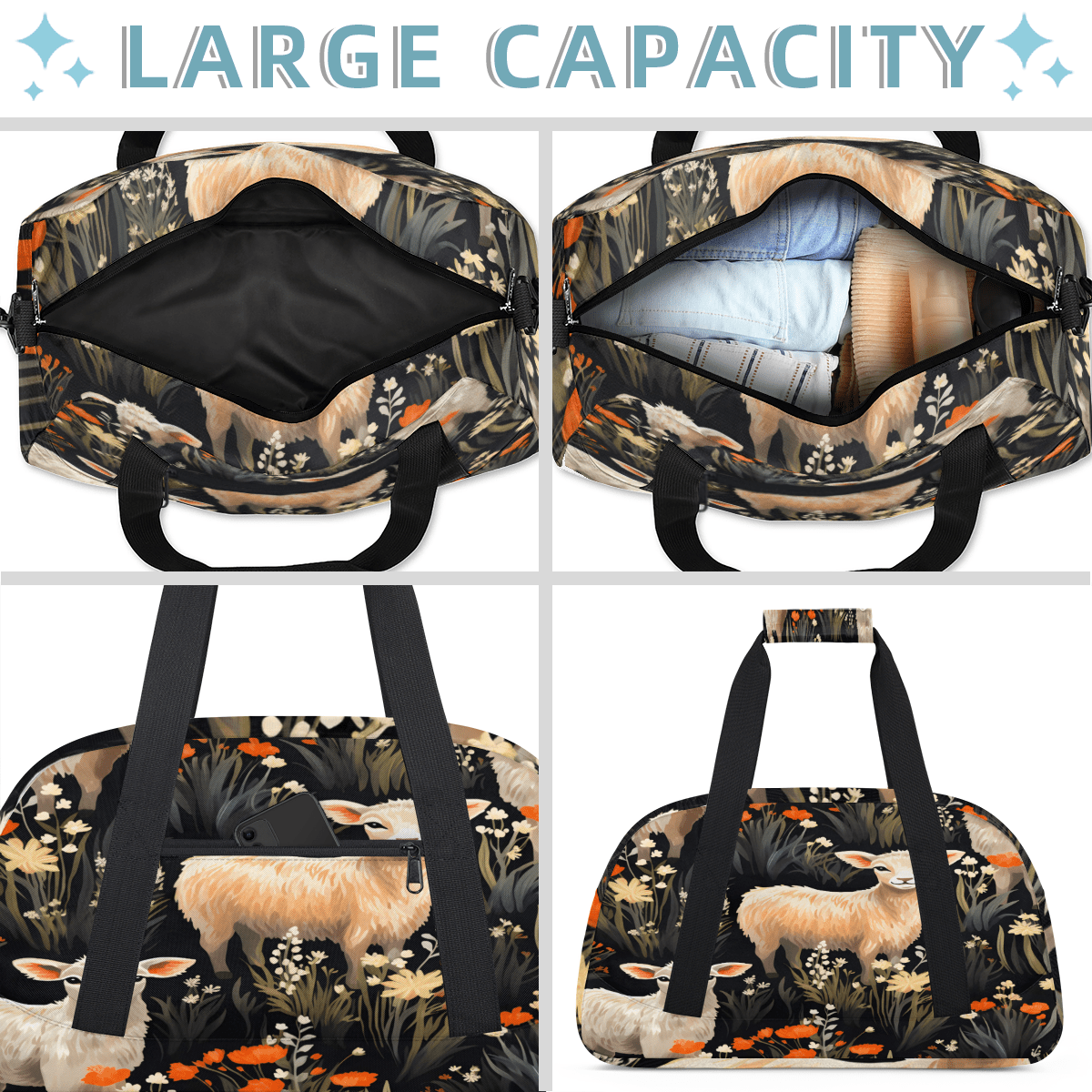 Herdesigns Cute Sheep Print Sports Duffle Bag for Women & Men, Animals Gym Bag Dance Bag Overnight Bag Carry On Weekender Travel Bag