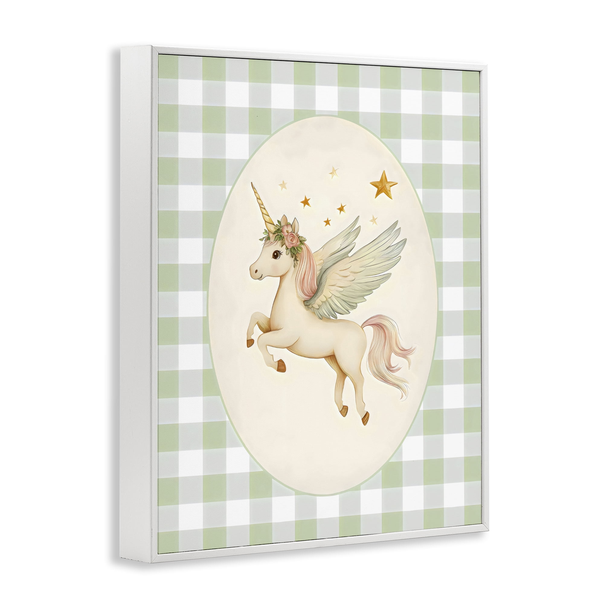 Stupell Industries Winged Unicorn over Green Gingham White Framed Giclee Art, design by Arlington Prints