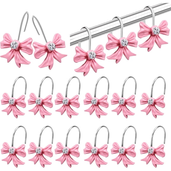 12 Pcs Pink Bow Knot Shower Curtain Hooks Christmas Rustproof Metal Decorative Shower Hangers Bulk Glide Curtain Rings for Bathroom Bedroom Living Room Art Décor