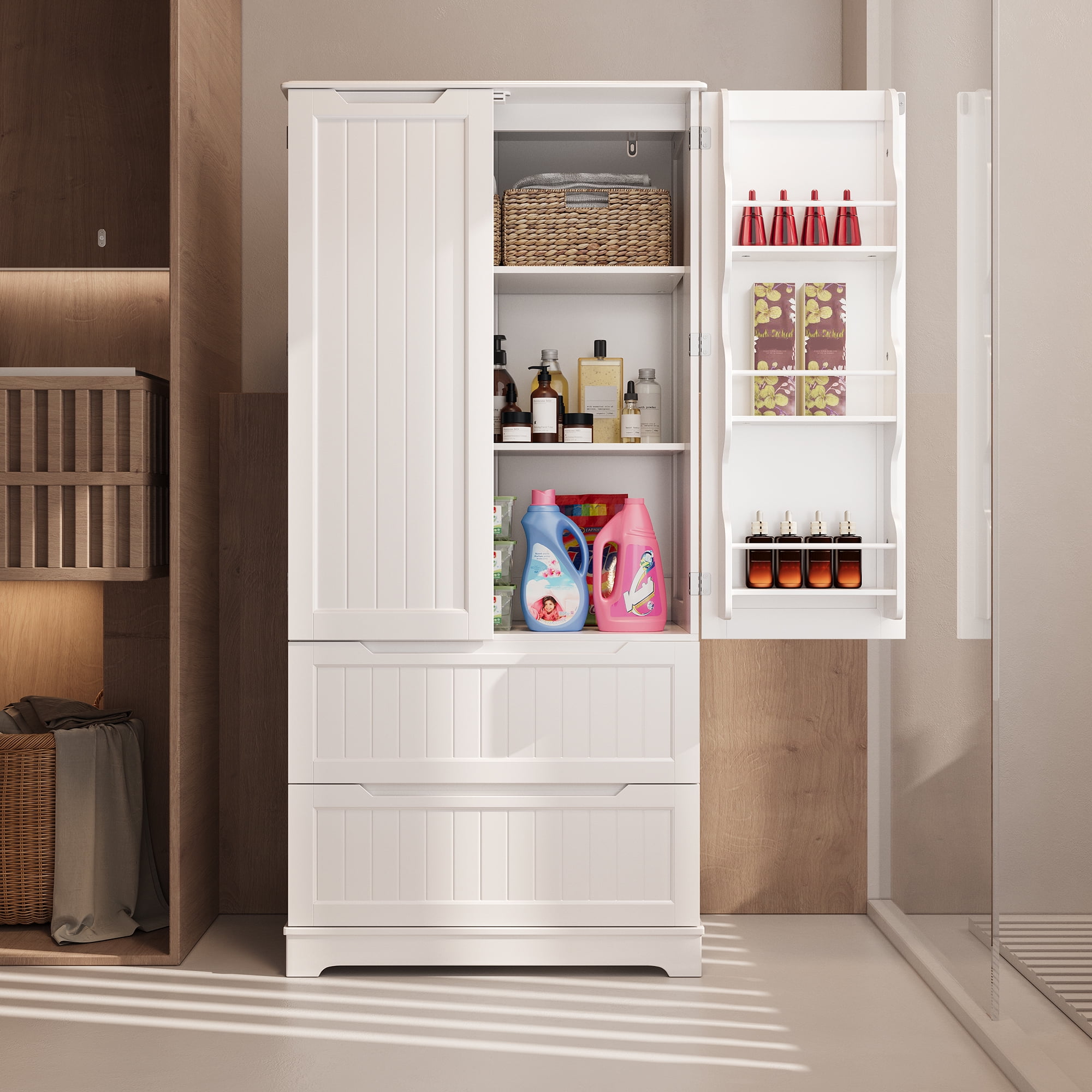 Pantry Cabinet, Lofka 63" Kitchen Pantry Storage Cabinet with Magnetic Doors and 9 Shelves, White