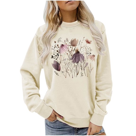 Ruimatai Women Casual Loose Print Long Sleeve Hoodie Top Round Neck Polyester Comfortable Fashion Tops for Spring Fall