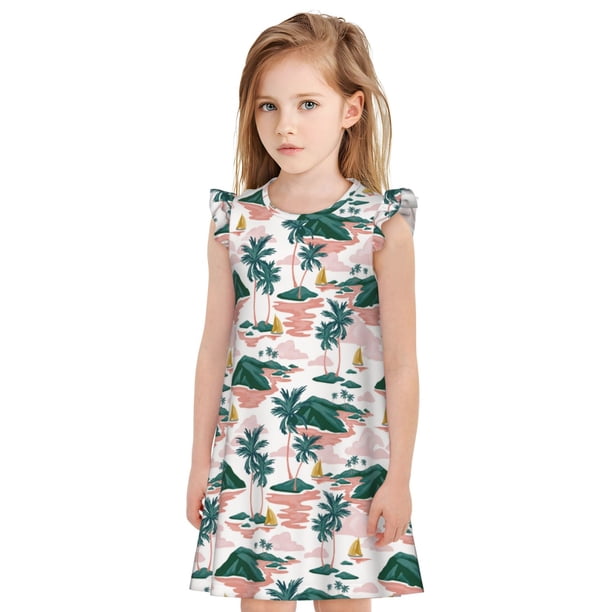 Balery Hawaii Palms Camisón de princesa para niñas, pijama de algodón con mangas abullonadas, suave y bonito.-Small