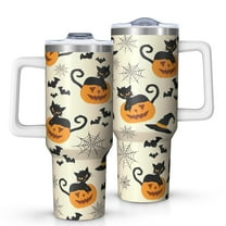 Black Cat Pumpkin Halloween Pattern Tumbler with Handle and Lid,40oz Double Wall Vacuum Insulated Tumbler,Cups Gift for Women and Men