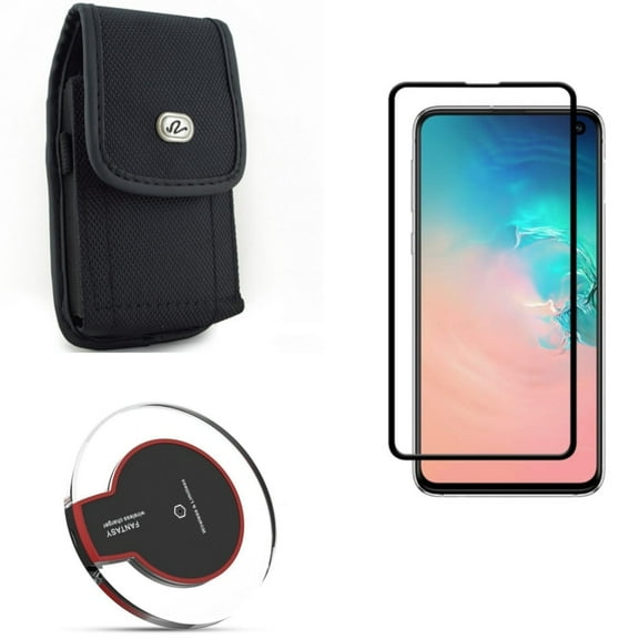 Galaxy S10e Screen Protector w Case Belt Clip w Wireless Charger - Tempered Glass 5D Curved Edge, Rugged Holster Canvas, Fast 7.5W and 10W Charging Pad for Samsung Galaxy S10e Phone