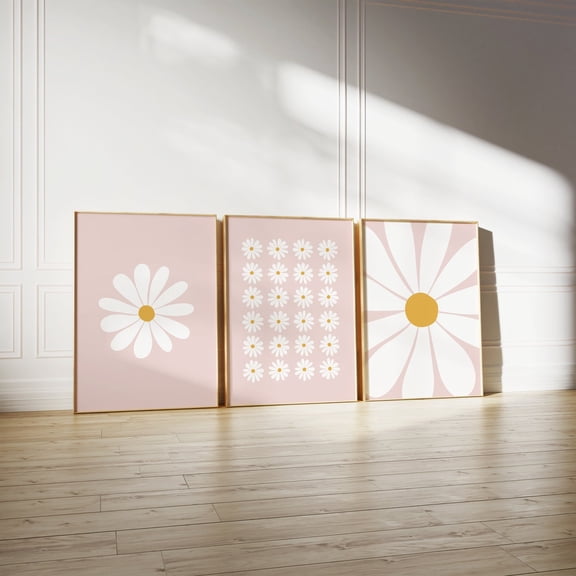 Pink Daisy Nursery Room Wall Art Set 3 Unframed Paper Print 8x12