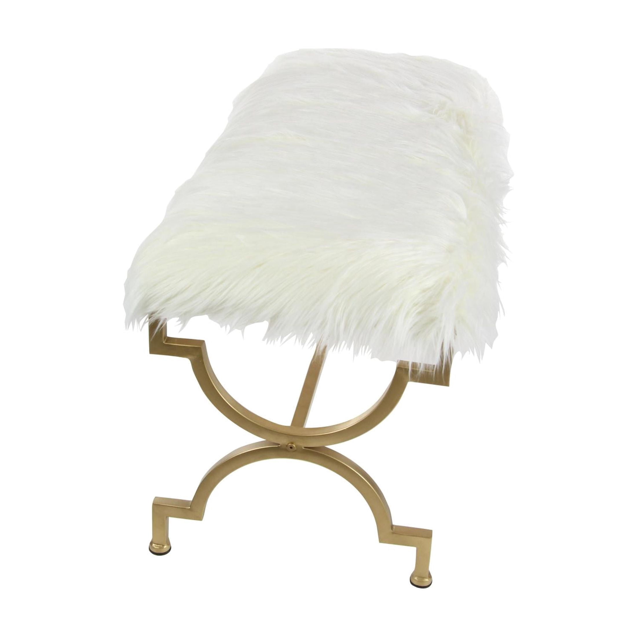 DecMode Metal Bench with White Faux Fur Top, Gold