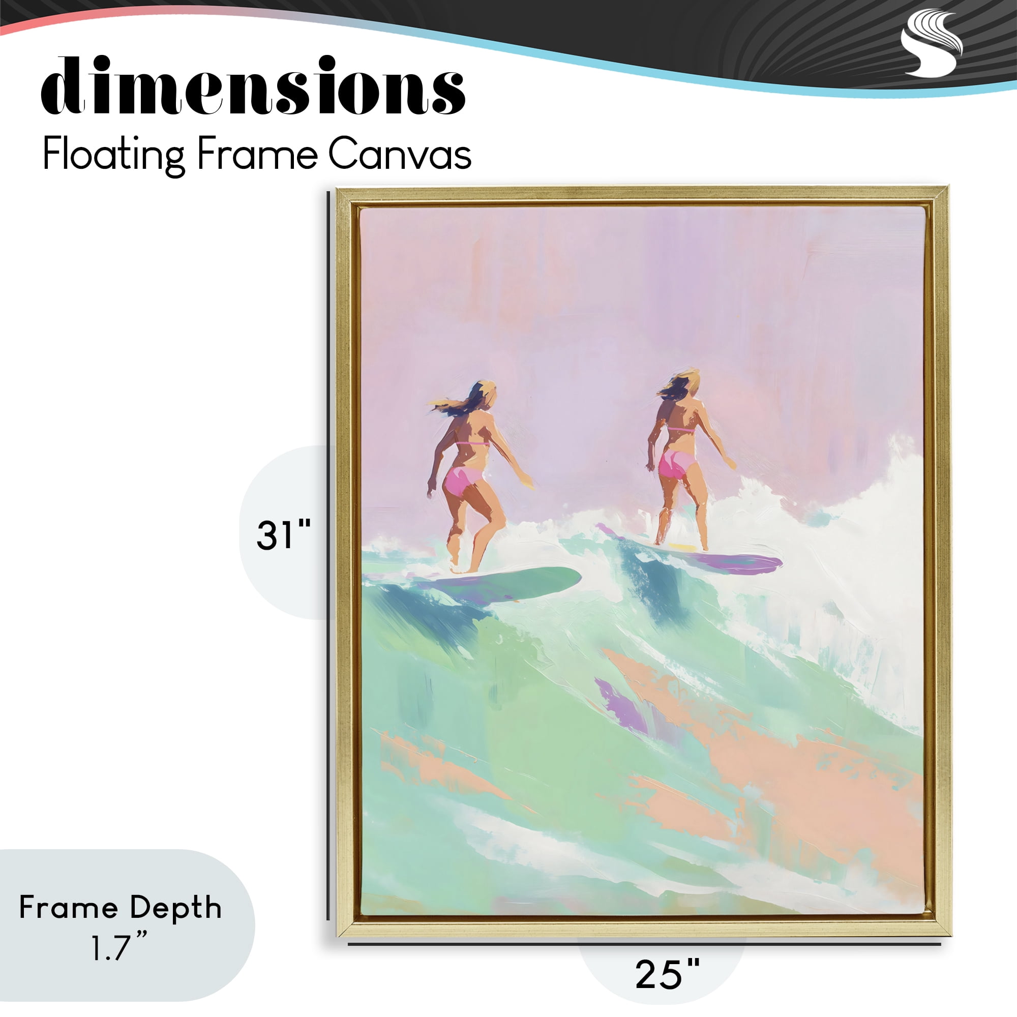 Stupell Industries Two Surfing Girls on Wave Gold Framed Floater Canvas Wall Art, design by The Prints Vibe