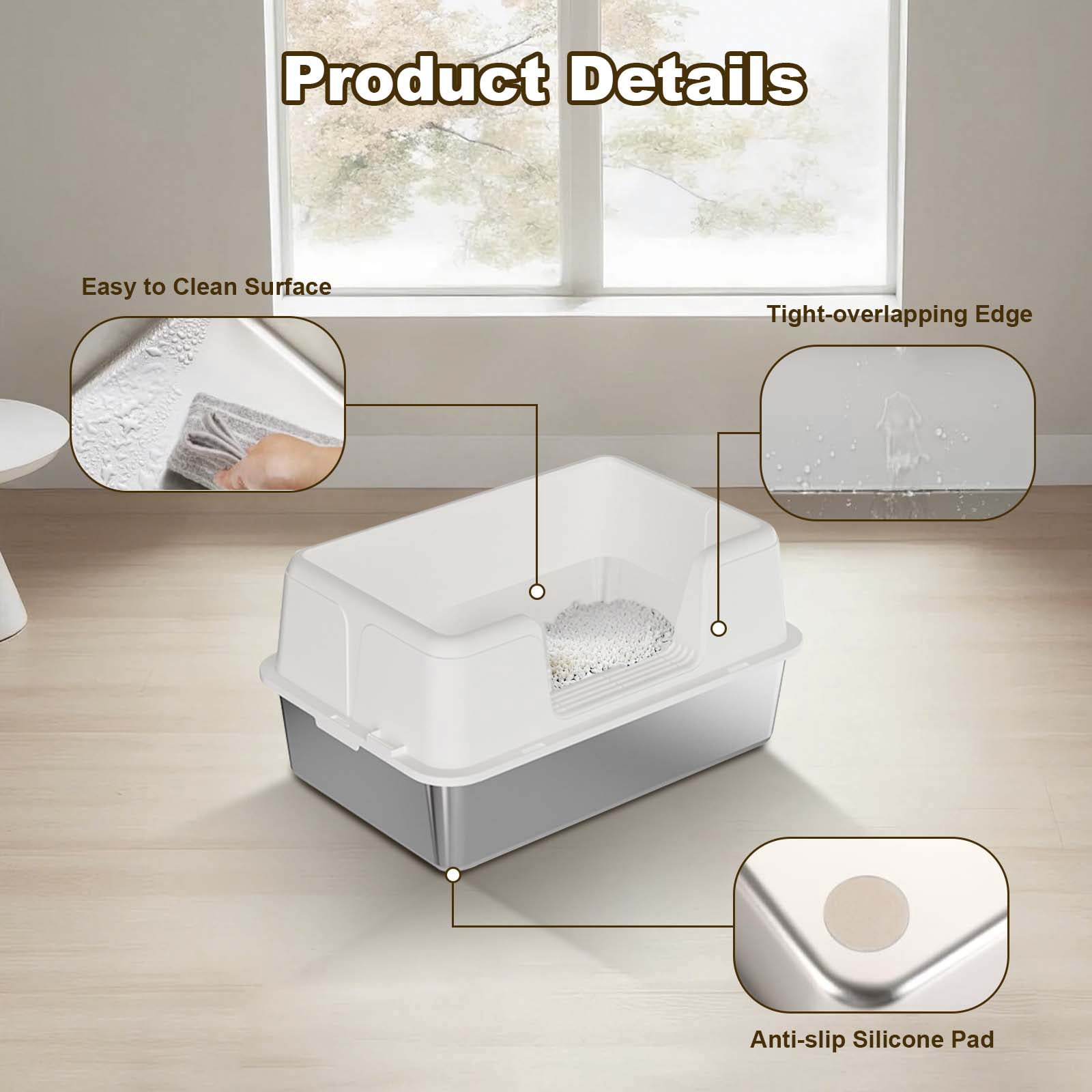 Stainless Steel Cat Litter Box with Lid – Leak-Proof & Scratch-Resistant Litter Box for Large Cats, Includes Anti-Slip Mat & Scoop, Easy to Clean
