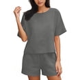 thumbnail image 2 of Bovxnpu Women 2 Piece Outfits Short Sleeve Pants Set Loungewear Sets Women's Solid Cotton Linen Tee & Pocket Shorts 2-Piece Set, 2 of 7