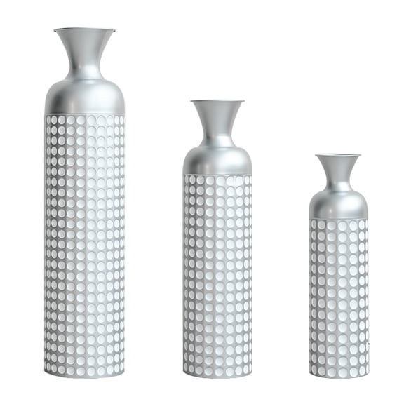 Nested Silver Metal Vase Set with Embossed Finish for Floor Decor and Centerpieces