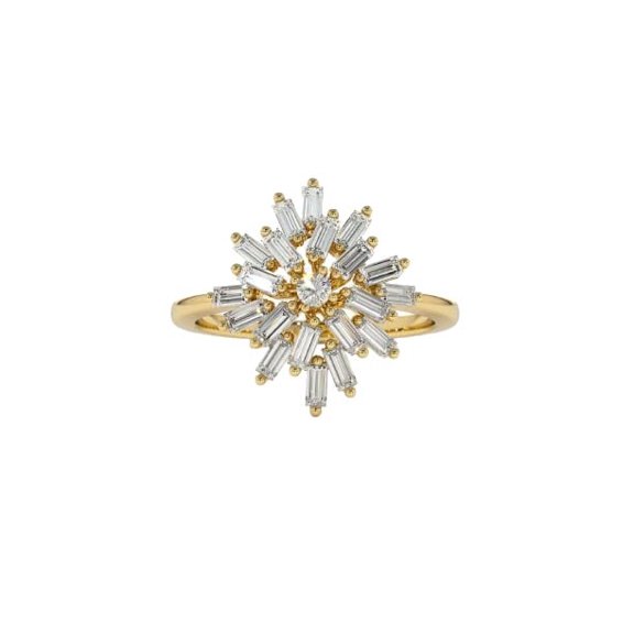HeartsAndYou 3ct Engagement Ring for Women Baguette Cut Moissanite Floral Sunburst 18k Yellow Gold over Silver