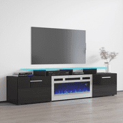 Rova WH-EF Fireplace TV Stand for TVs up to 85, Modern High Gloss 75 Entertainment Center, Electric Fireplace TV Media Console with Storage Cabinets and LED Lights