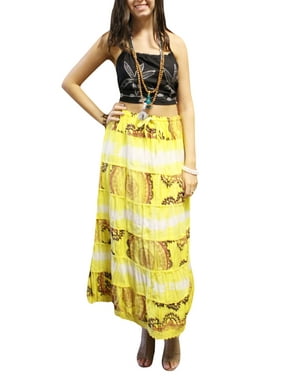 Mogul Womens Maxi Long Skirt Yellow Tie Dye Cotton Tiered A-Line Gypsy Skirts SM