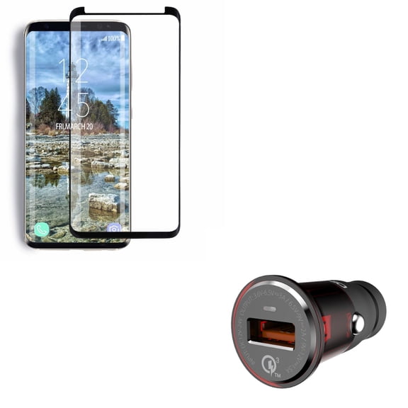 Compatible With Samsung Galaxy S9 - Tempered Glass Screen Protector 5D Touch w 24W USB Adaptive Fast Car Charger