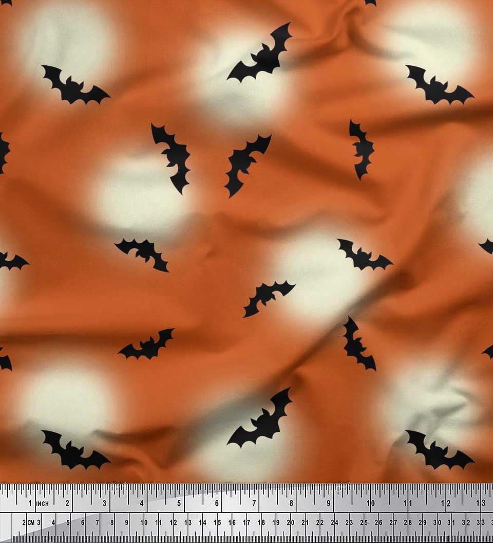 Soimoi Modal Satin Fabric Moon & Bat Halloween Print Fabric by The Yard 42 Inch Wide