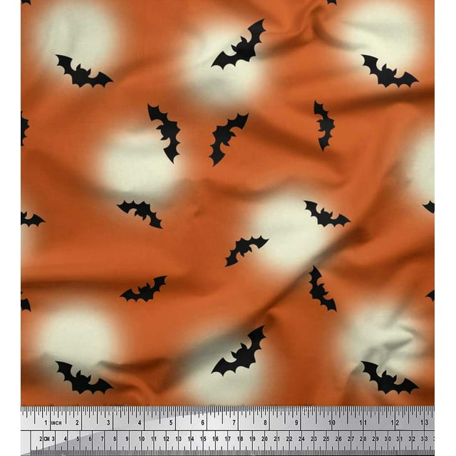 Soimoi Velvet Fabric Moon & Bat Halloween Print Fabric by The Yard 58 Inch Wide
