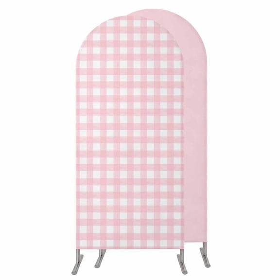 5FT Arch Backdrop Covers, Pink Buffalo Plaid Wedding Arch Cover Stretchy, Farmhouse Pink White Checkered Chiara Arches Backdrop Stand Covers for Birthday Baby Shower Party Banquet Decor