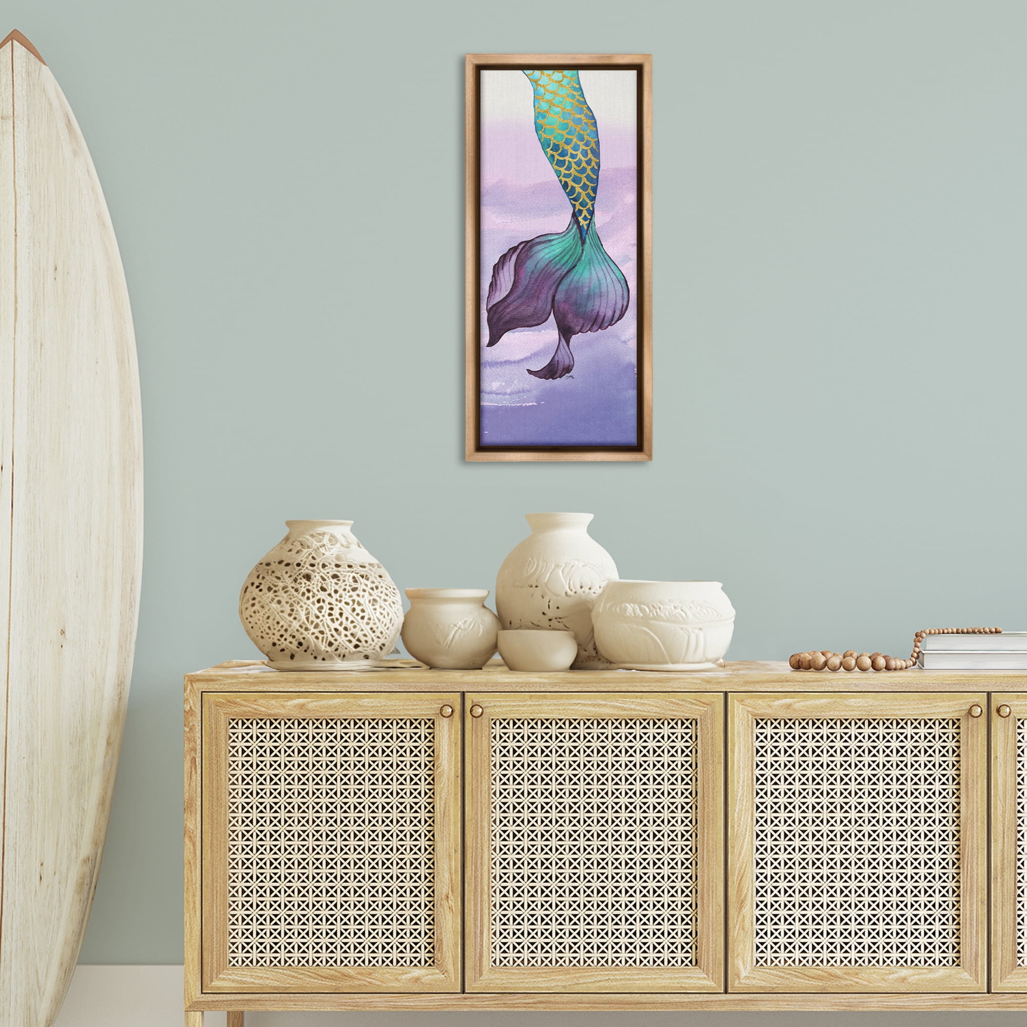 Stupell Industries Glam Accent Mermaid Tail Fairy Tales & Fantasy Painting Brown Floater Framed Art Print Wall Art, 15 x 31
