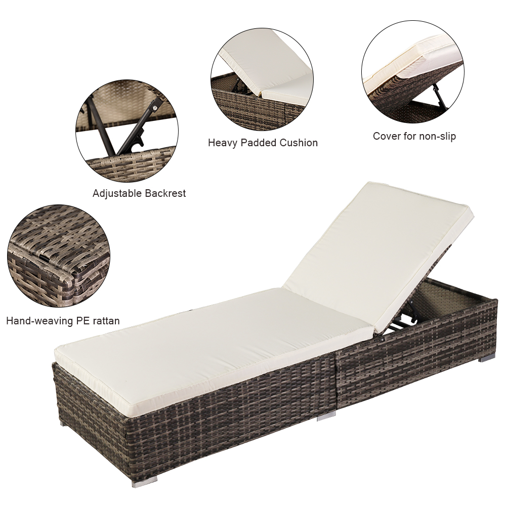 Outdoor Chaise Lounge, Patio Wicker Chaise Lounge with Removable Cushion, PE Rattan Lounge Chair with 5-Position Adjustable Back, Cushioned Chaise Lounge Patio Furniture Set for Poolside,1PC, Q17583 - image 5 of 10