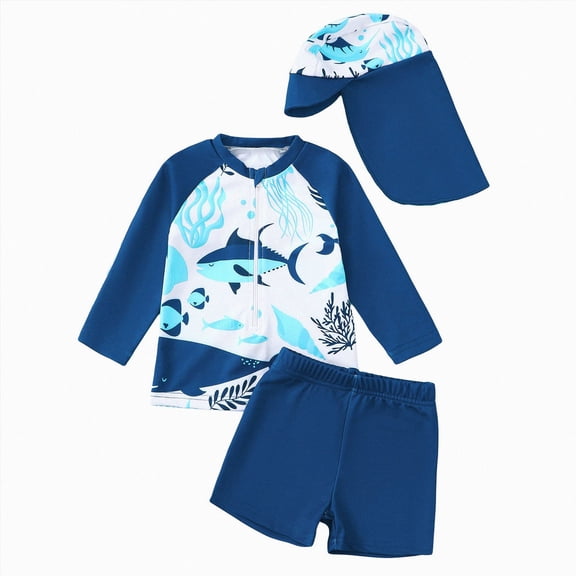 Ymyiu Toddler Boys Bathing Suit Toddler Boys Swim Set 2 Piece Long Sleeve Swim Shirt with Hood and Swim Trunks 2T 3T (Blue,2-3 Years)