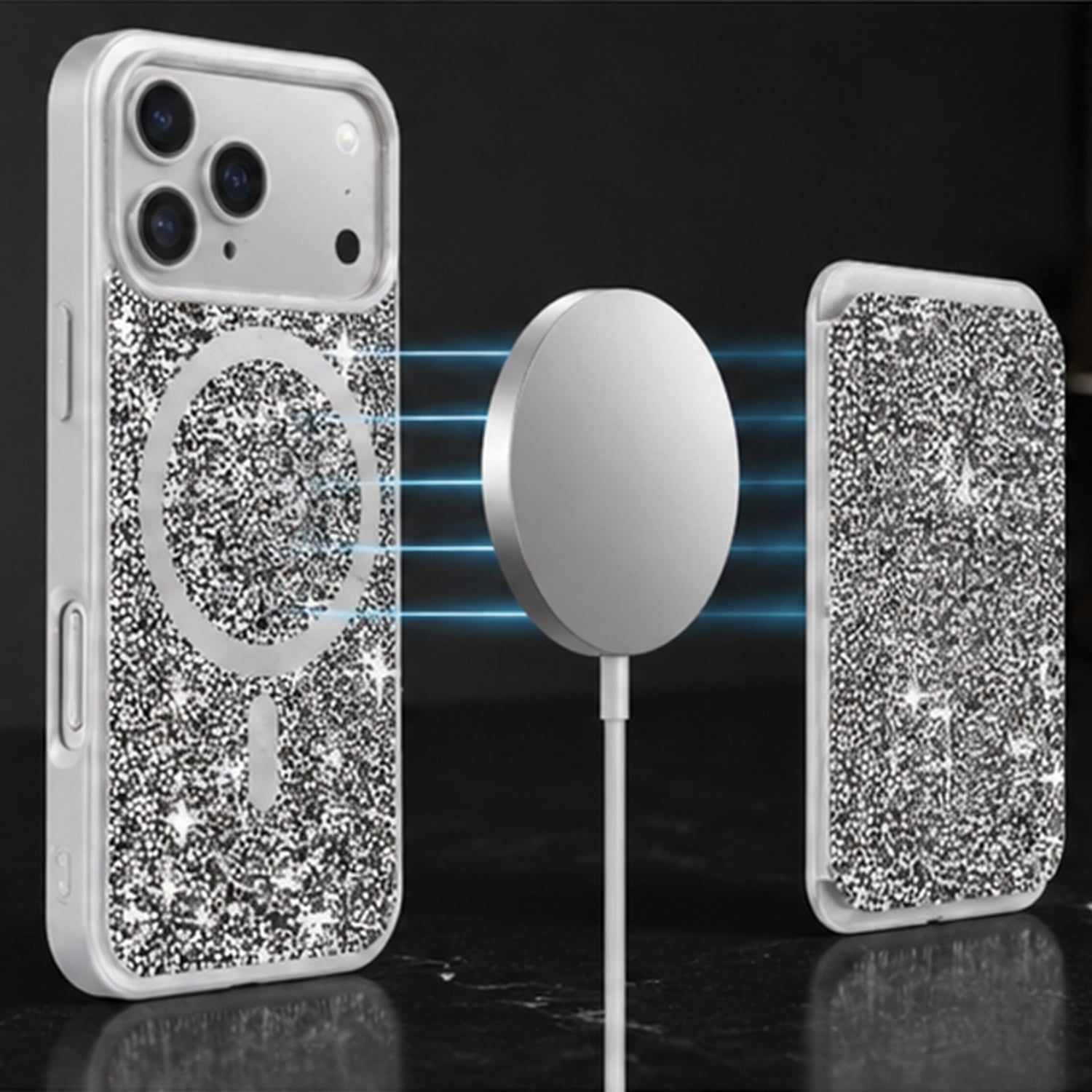 Crystal Diamond Magnetic Protective Cover with Card Pocket for iPhone 17 Pro Max - Silver