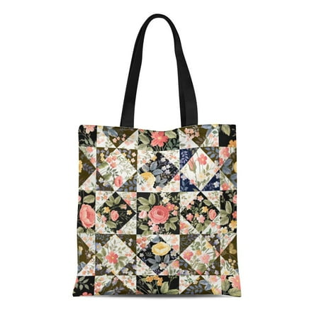 Holiday Patchwork Tote - LADDKE Canvas Tote Bag Floral Patchwork Pattern Flowers Rose Summer White Black Monochrome Durable Reusable Shopping Shoulder Grocery Bag
