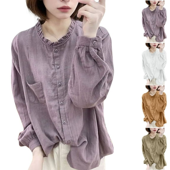 Olyvenn Linen Shirts for Women Summer Casual Long Sleeve Ruffle Collar Blouse Cute Plus Size Loose Comfy Flowy Beach Tops 2025 Purple XXXL