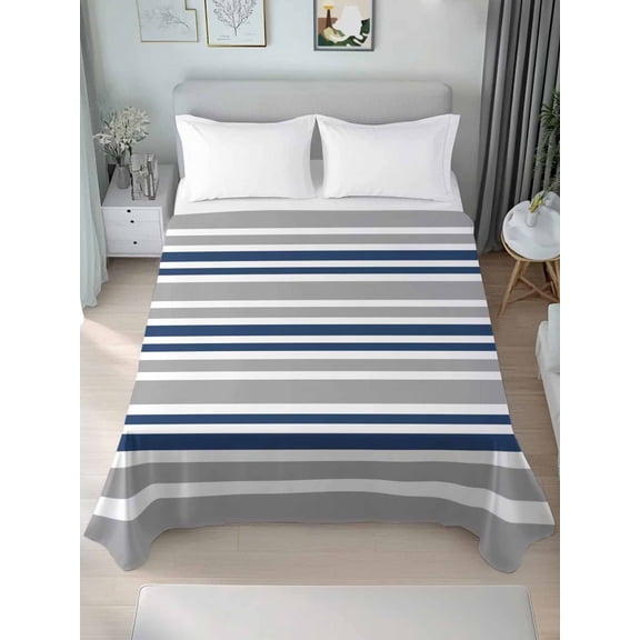 Navy Blue Grey Striped Full Size Flat Sheet, Wrinkleproof & Fadeproof Cooling Flat Bed Sheet Only, Horizontal Lines Simple Minimalist Breathable Soft Bedding Top Sheets 81 x 96 Inches