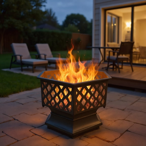 Yardi Yarda 22" Hexagonal Shaped Iron Brazier, Hexagonal Firewood Brazier, Wood Burning Fire Pit for Outdoor, Black