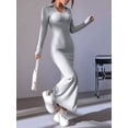 thumbnail image 4 of Women'S Long Sleeve Collar V Neck Maxi Dress Slit Thigh Ribbed Knit Bodycon Dresses Grey M, 4 of 9