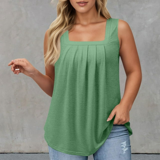 Women's Casual Square Neck Tank Top Pure Color Ruffle Detail Blouse for Spring Summer Daily Wear with Jeans Workout Set Fitted T Shirt Atmosphere Top Cleavage Cover plus Size Camisole Petite 3