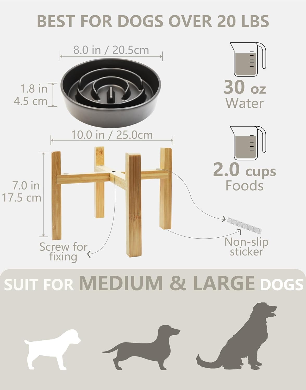 Ceramic Slow Feeder Dog Bowls Elevated, 2.0 Cups Slow Feeder for Medium Dogs, Puzzle Maze Bowl to Slow Down Eating, 30oz, 8in, Black