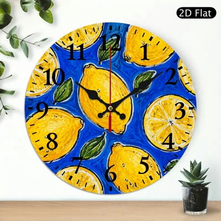 Patifu Hand Drawn Lemons Wooden Wall Clock Silent Mechanical Movement for Living Room Kitchen Dorm