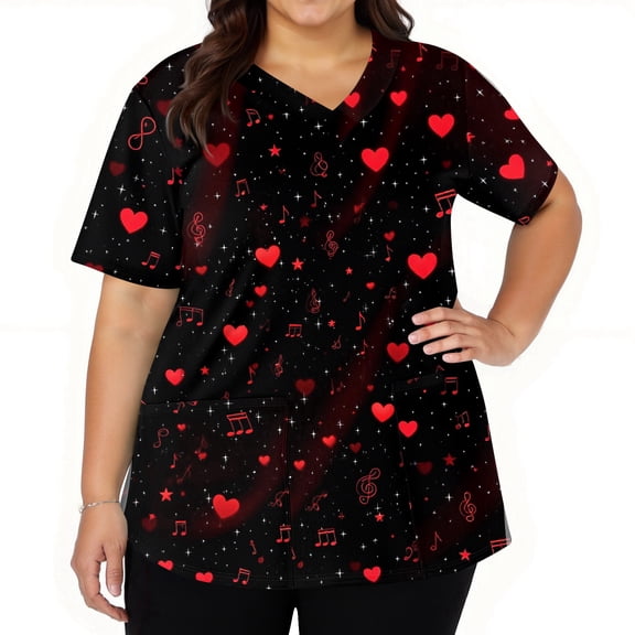 Fabrcox S-5XL Valentine Scrubs for Women Plus Size Love Heart Graphic Holiday Scrubs for Women Tops V Neck Short Sleeve Women Nurse Uniform with Pockets