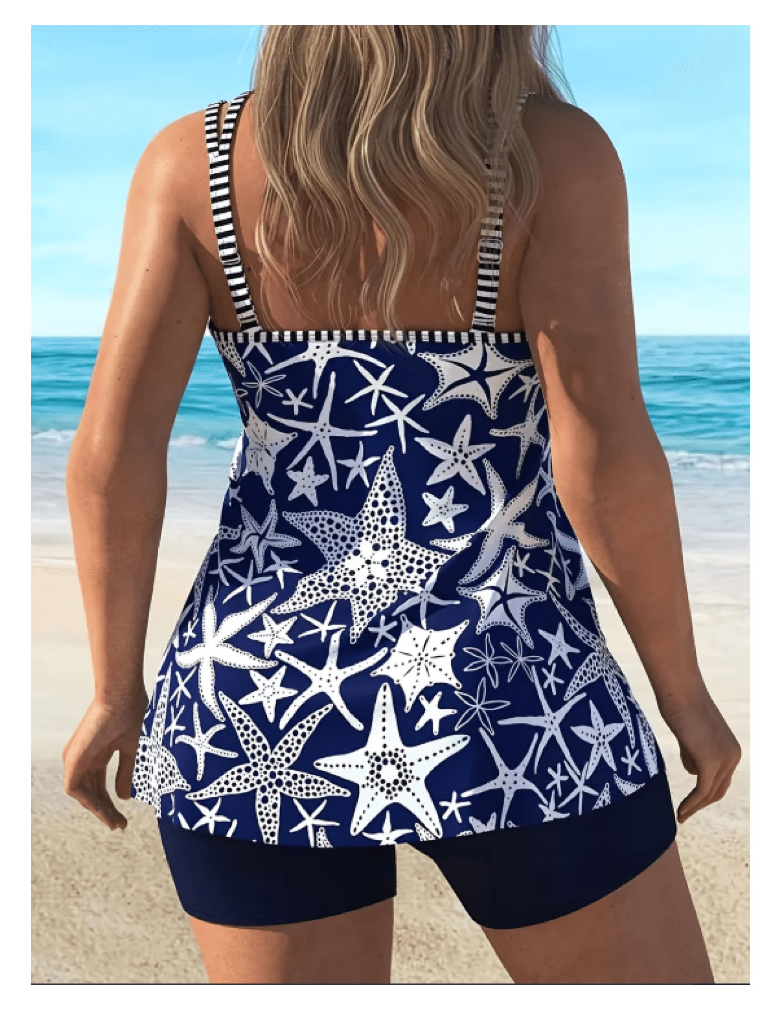 Women's Navy Blue Starfish Print Tankini Swimsuit, Striped Straps Two-Piece with Boyshorts, Sizes XL-XXXXL