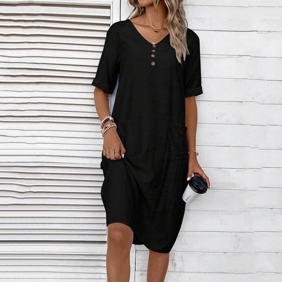 Summer Dress Women's Dress Lightweight V Neck Beach Dress Half Sleeve Midi Dress Loose Knee Length Buttons Dress With Pockets Teenager Casual Dresses Dresses Casual Travel Dresses for Women Womens