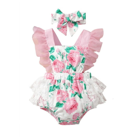 Mikrdoo Newborn Baby Girls Clothes Floral Sleeveless Lace Summer Romper With Headband 2Pcs Romper Set Pink 3-6 Months