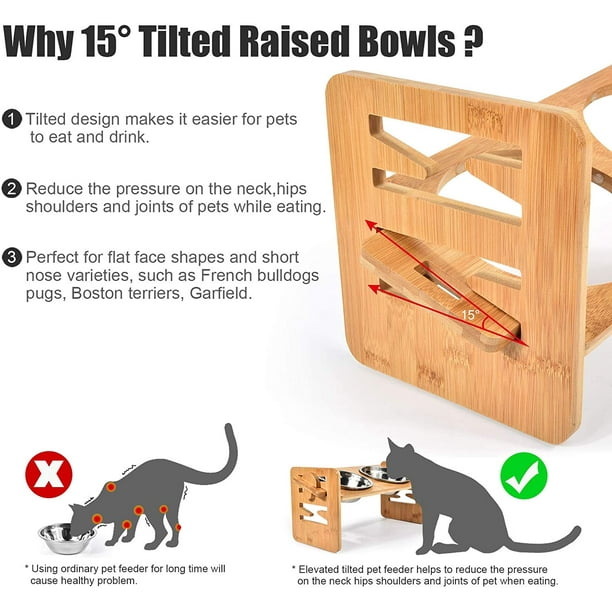 Raised Dog Bowls for Small Dogs, Adjustable Elevated Slanted Dog Bowls for  French Bulldog, Tilted Easy Eat Pet Feeder, Bamboo Feeding Stand with