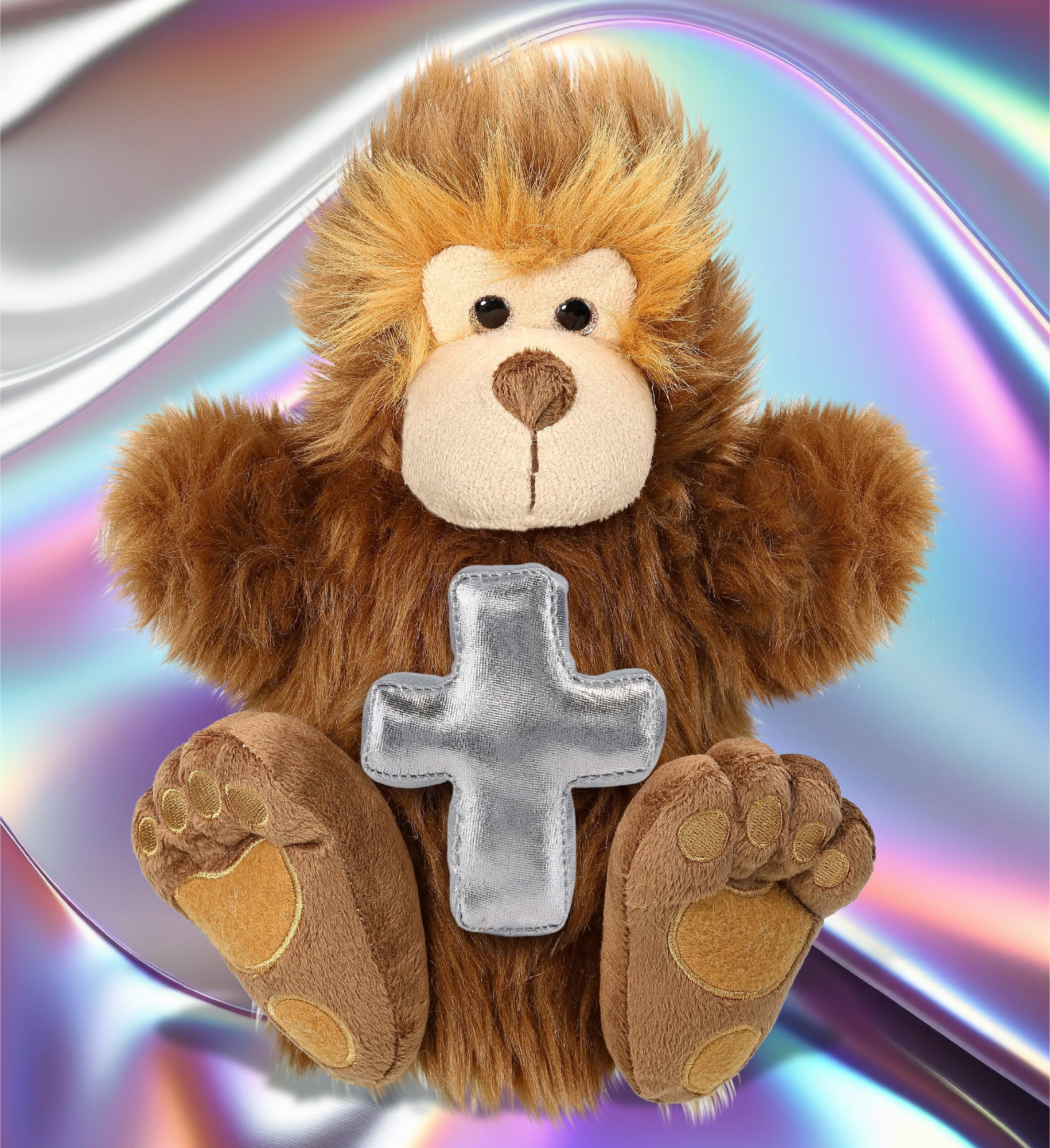 DolliBu Big Foot Hand Puppet Stuffed Animal with Silver Cross Plush - Religious Baptism Gifts for Boys and Girls, Dedication Christening Gifts Plush Prayer Toy Healing Stuffed Animal - 10 Inches