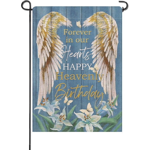Memorial Forever in Our Hearts Wings Small Decorative Garden Flag, Happy Heavenly Birthday Lily Cemetery Yard Lawn Outside Decor, Farmhouse Burlap Outdoor Home Decoration Double Sided 12 x 18