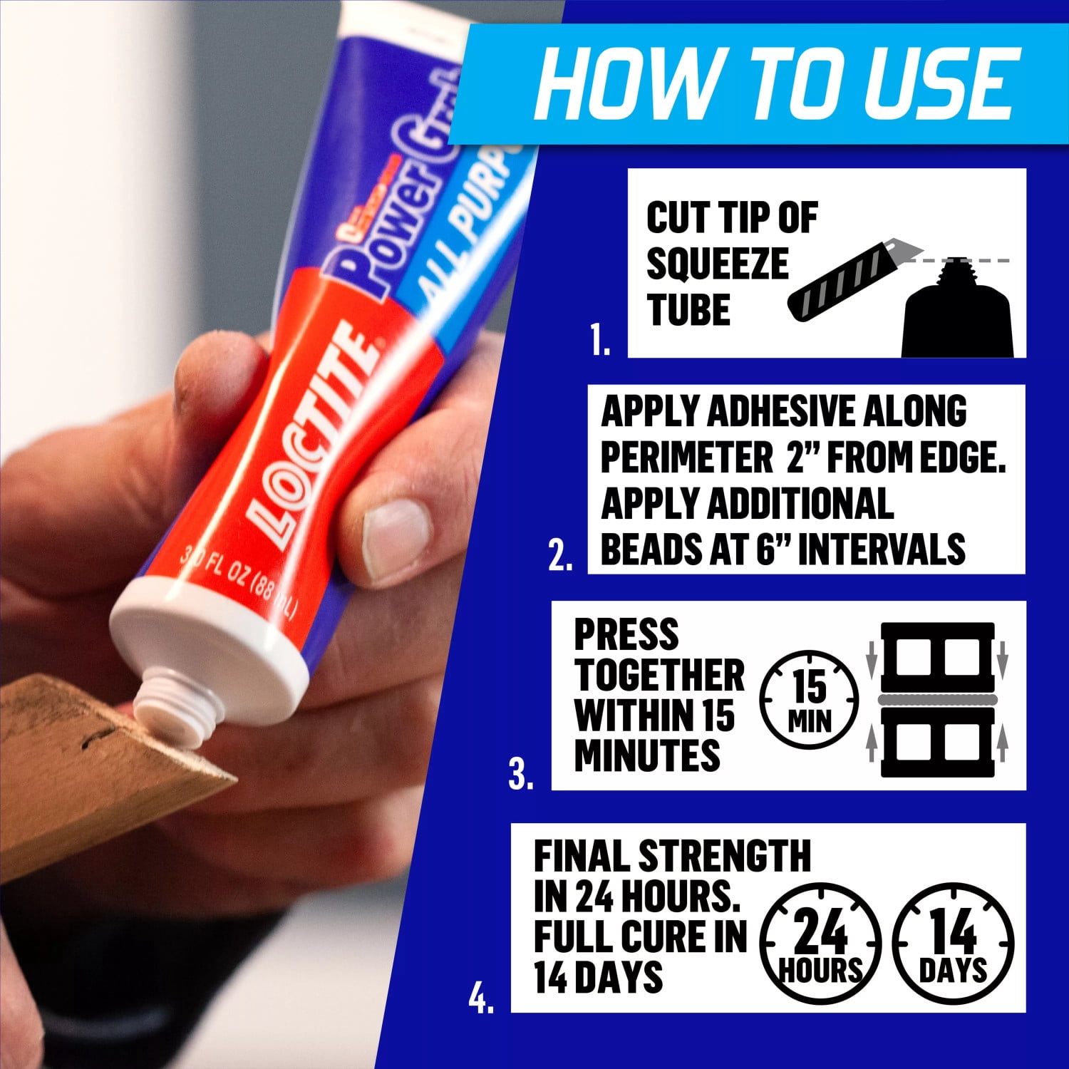 (2 pack) Loctite Power Grab Construction Adhesive All Purpose, Pack of 1, White 6 fl oz Tube
