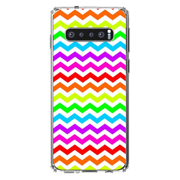 DistinctInk Clear Shockproof Hybrid Case for Samsung Galaxy S10 (6.1" Screen) - TPU Bumper, Acrylic Back, Tempered Glass Screen Protector - Rainbow White Stripes Wave - Stripes Pattern