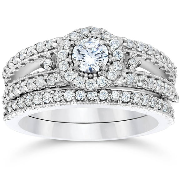 Pompeii 1 Carat Vintage Halo Diamond Engagement Wedding Ring Set 14K White Gold (G-H,I1)